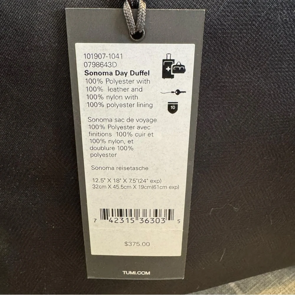 Tumi Sonoma Day Duffel Bag in Black New